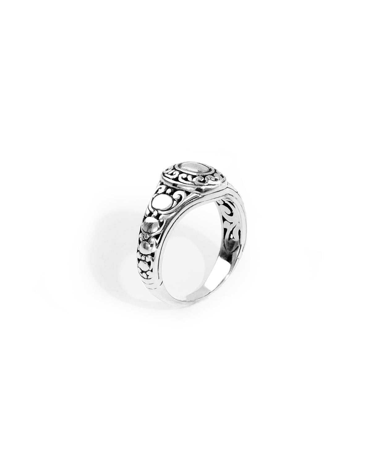 Ornate Balinese Silver Ring with Oval Center and Scrollwork