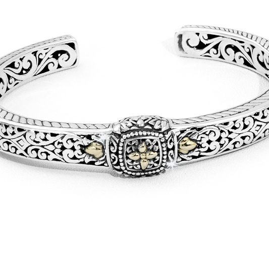 Balinese Scrollwork Silver Cuff Bracelet with 18K Gold Floral Accents