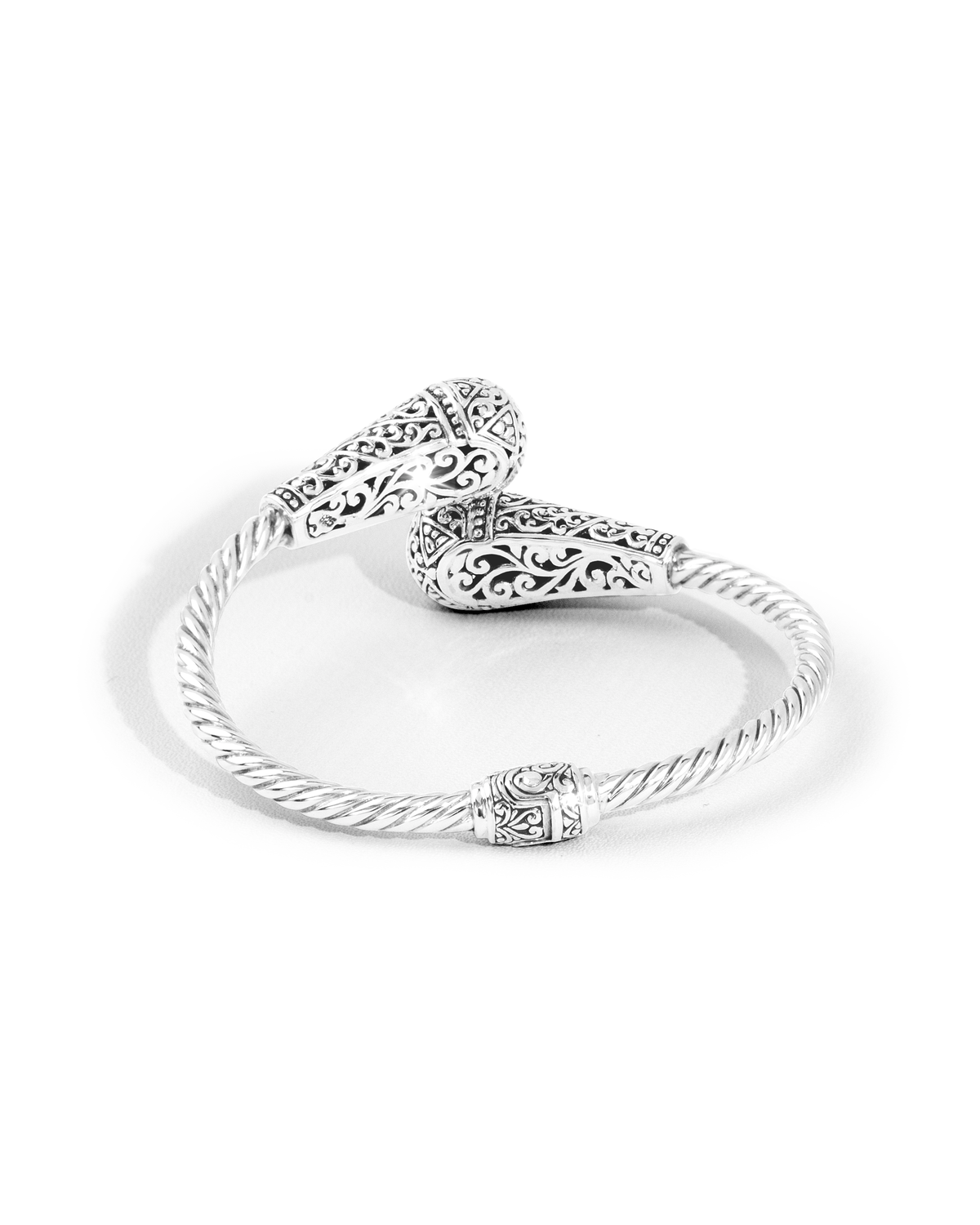 Balinese Silver Twist Cuff Bracelet with Ornate Carved Ends
