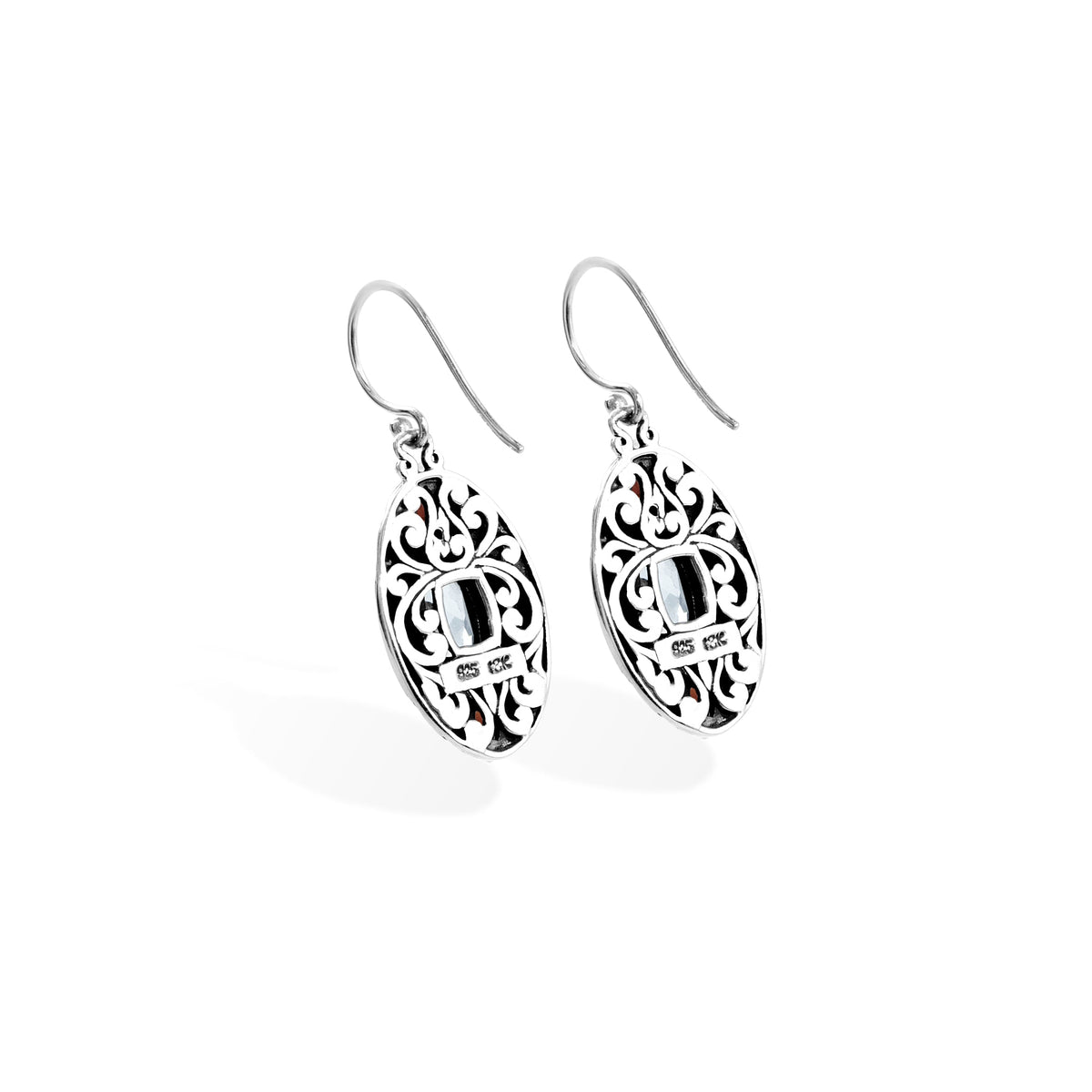 Balinese Oval Drop Earrings with Blue Topaz, Garnet & 18K Gold