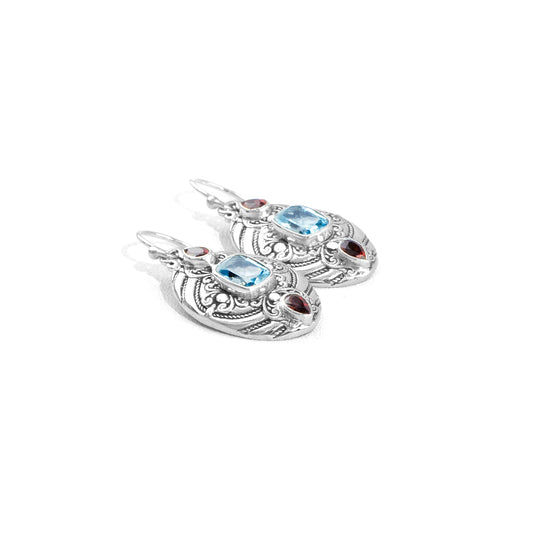 Balinese Oval Drop Earrings with Blue Topaz, Garnet & 18K Gold
