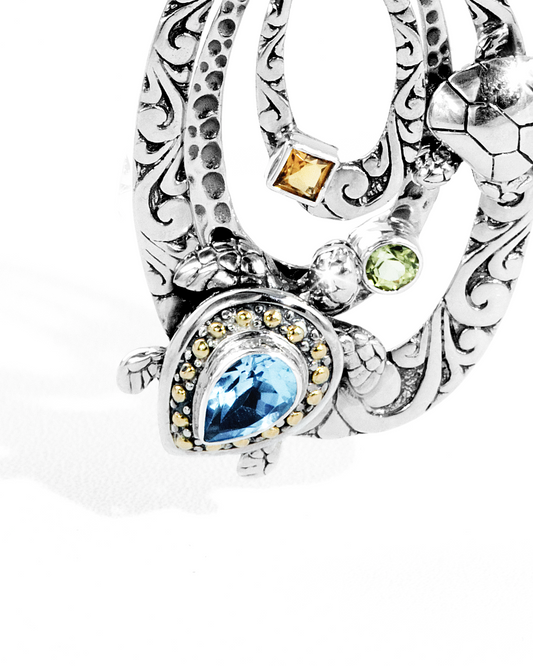 Bali Turtle Silver Pendant with Blue Topaz, Peridot, Citrine & 18K Gold