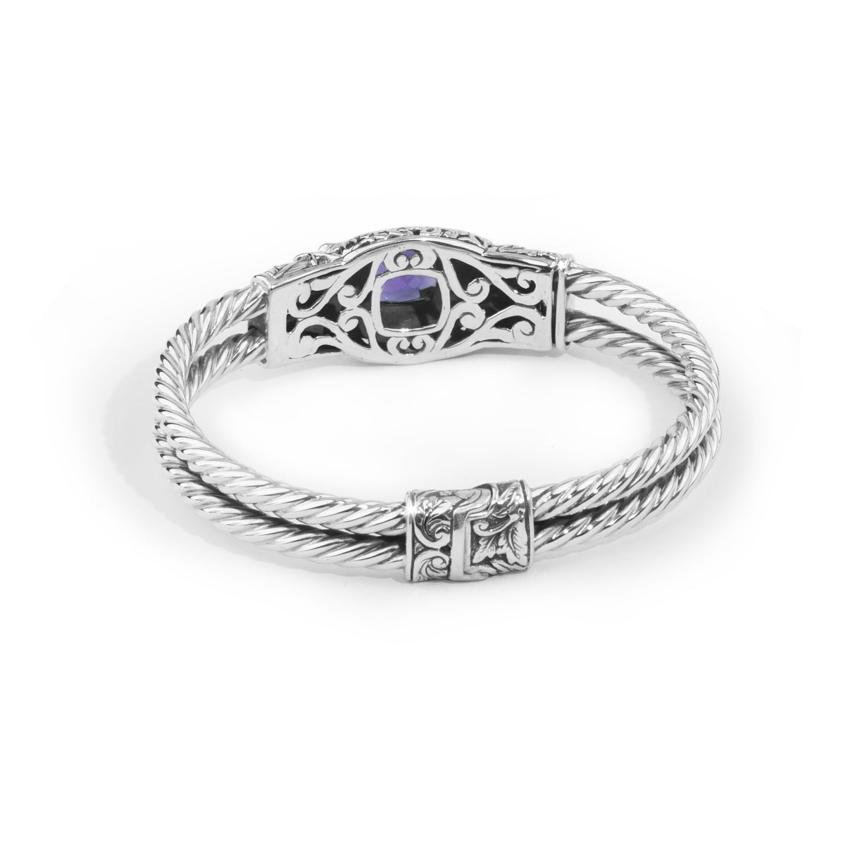 Balinese Twin Frog Sterling Silver Cable Cuff Bracelet with Amethyst Gemstone