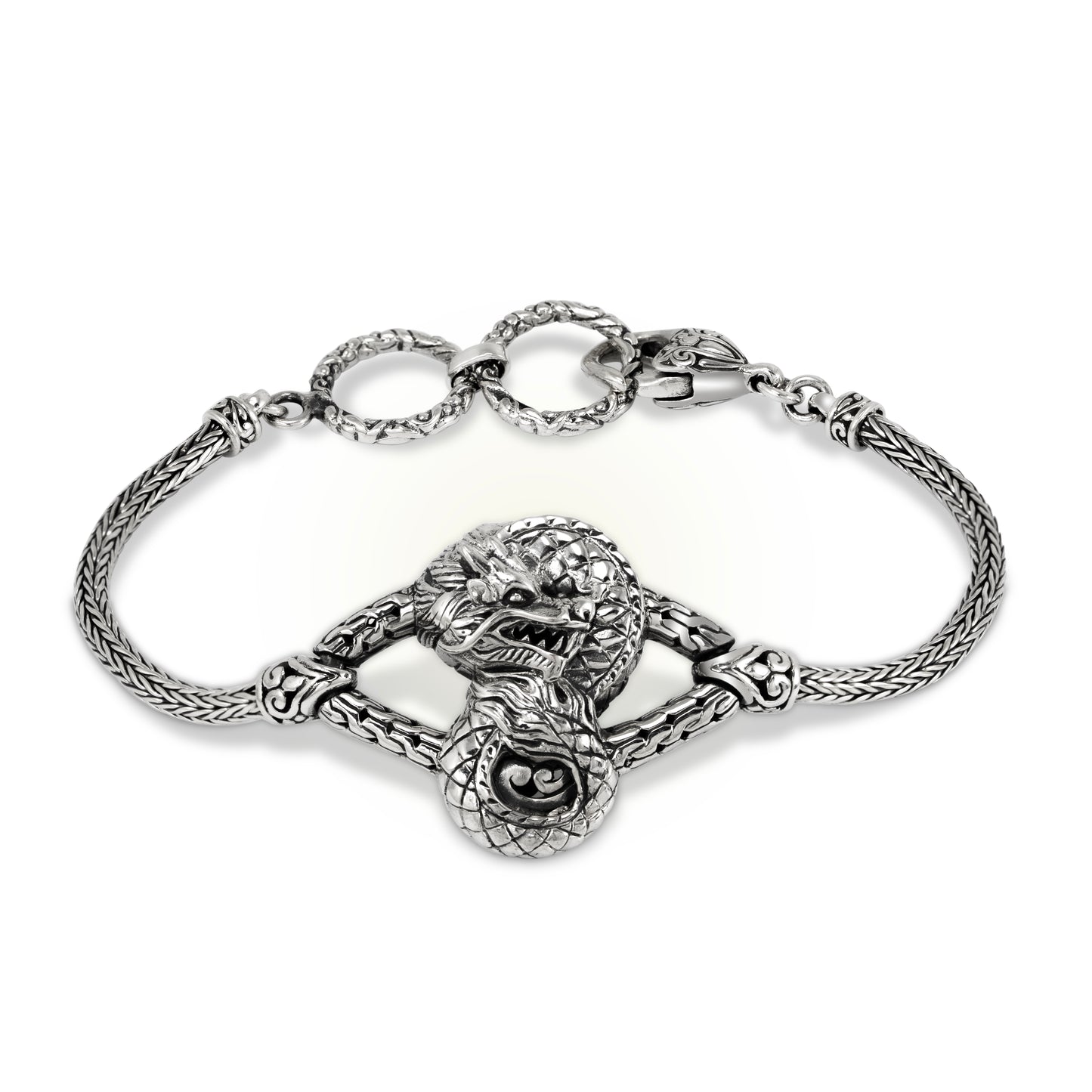 Silver Dragon Bracelet – Handcrafted Balinese Dragon Jewelry with Braided Chain Product Description