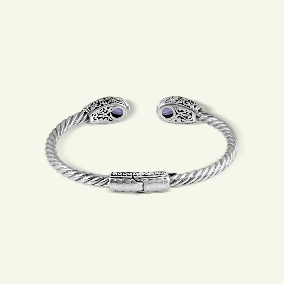 Artisan Twisted Silver Cuff Bracelet with Sculpted Ornamental Ends
