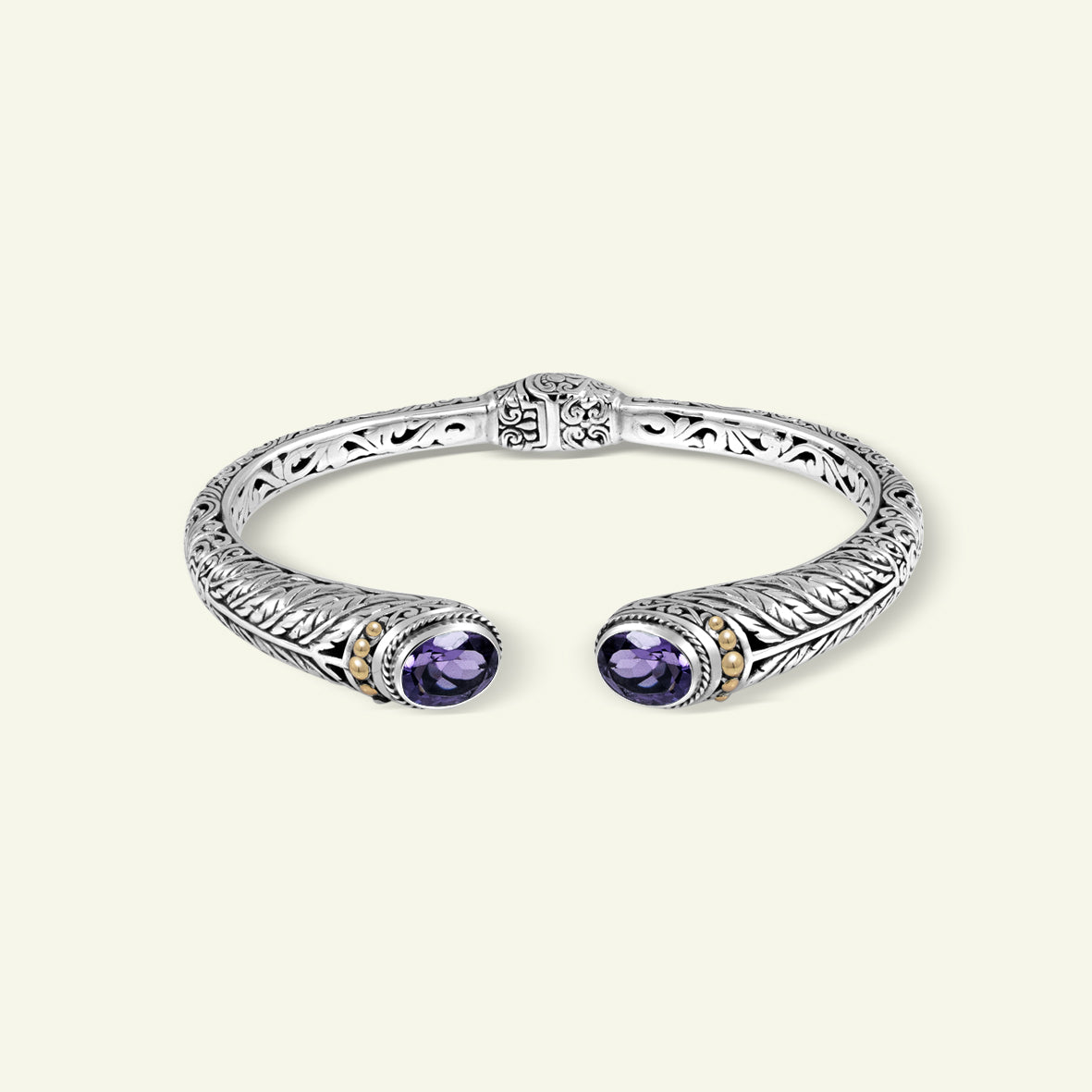 Handcrafted Balinese Silver Cuff Bracelet with Natural Stone Accents