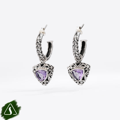 Sterling Silver Hoop Earrings with Trillion-Cut Purple Gemstones and Ornate Filigree Charms