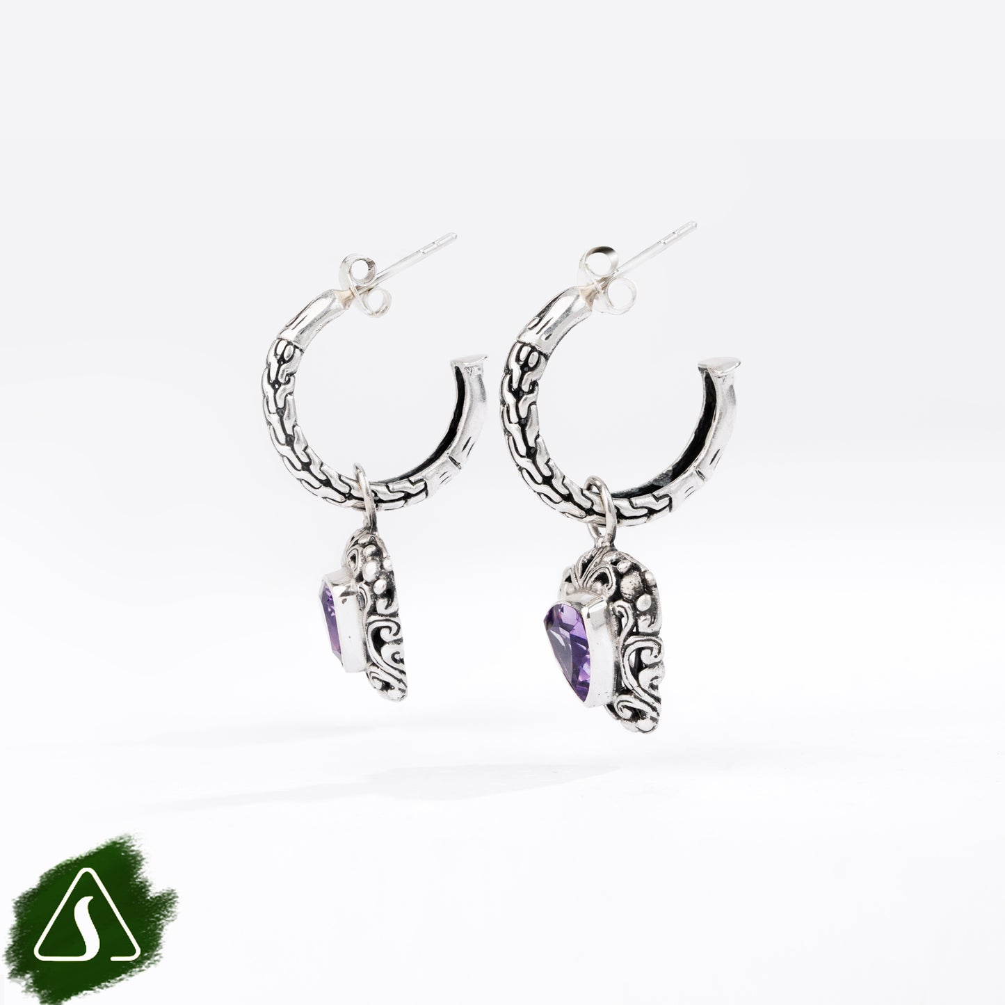 Sterling Silver Hoop Earrings with Trillion-Cut Purple Gemstones and Ornate Filigree Charms