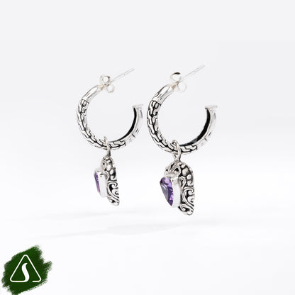 Sterling Silver Hoop Earrings with Trillion-Cut Purple Gemstones and Ornate Filigree Charms