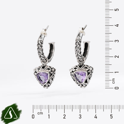 Sterling Silver Hoop Earrings with Trillion-Cut Purple Gemstones and Ornate Filigree Charms