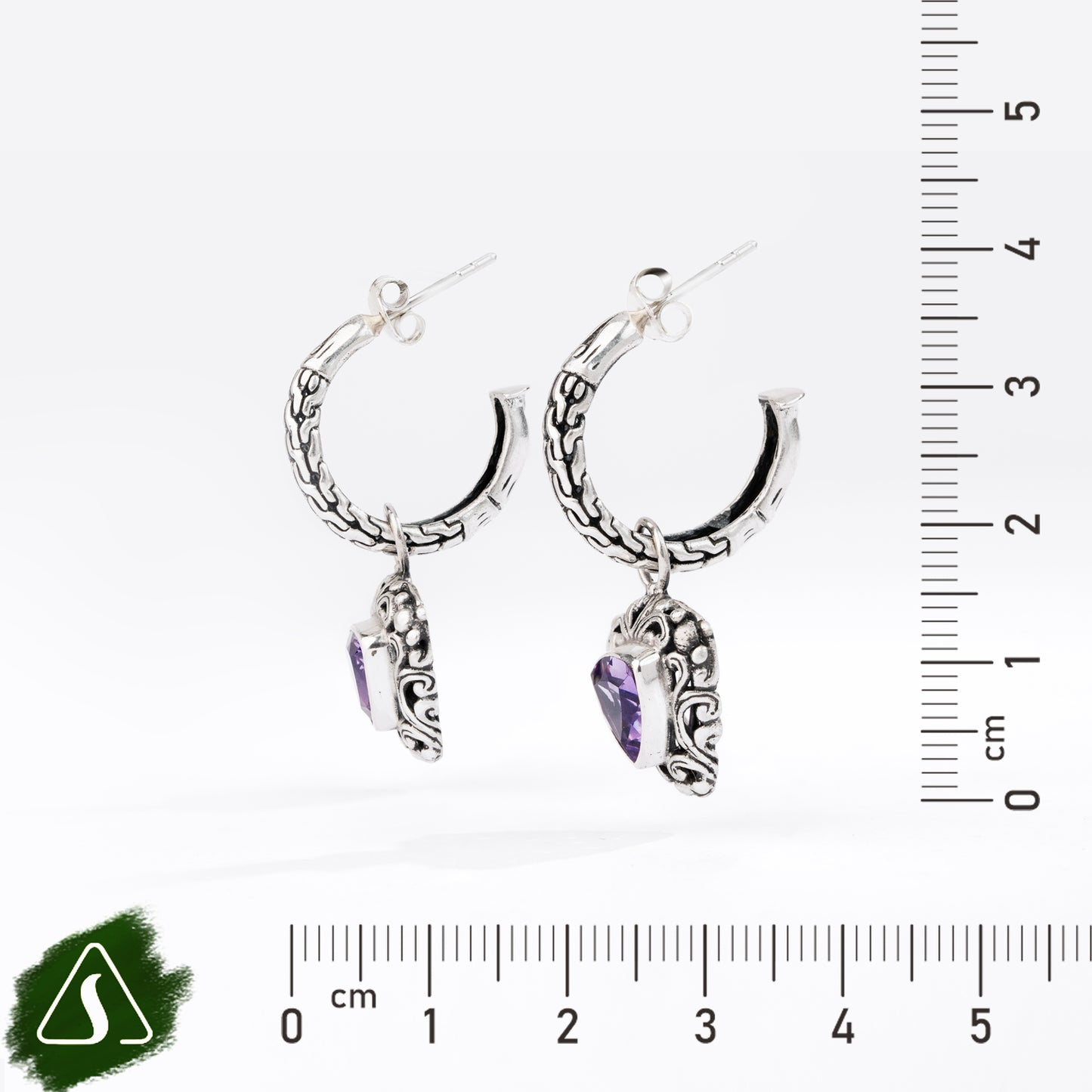 Sterling Silver Hoop Earrings with Trillion-Cut Purple Gemstones and Ornate Filigree Charms