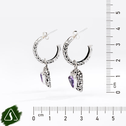 Sterling Silver Hoop Earrings with Trillion-Cut Purple Gemstones and Ornate Filigree Charms