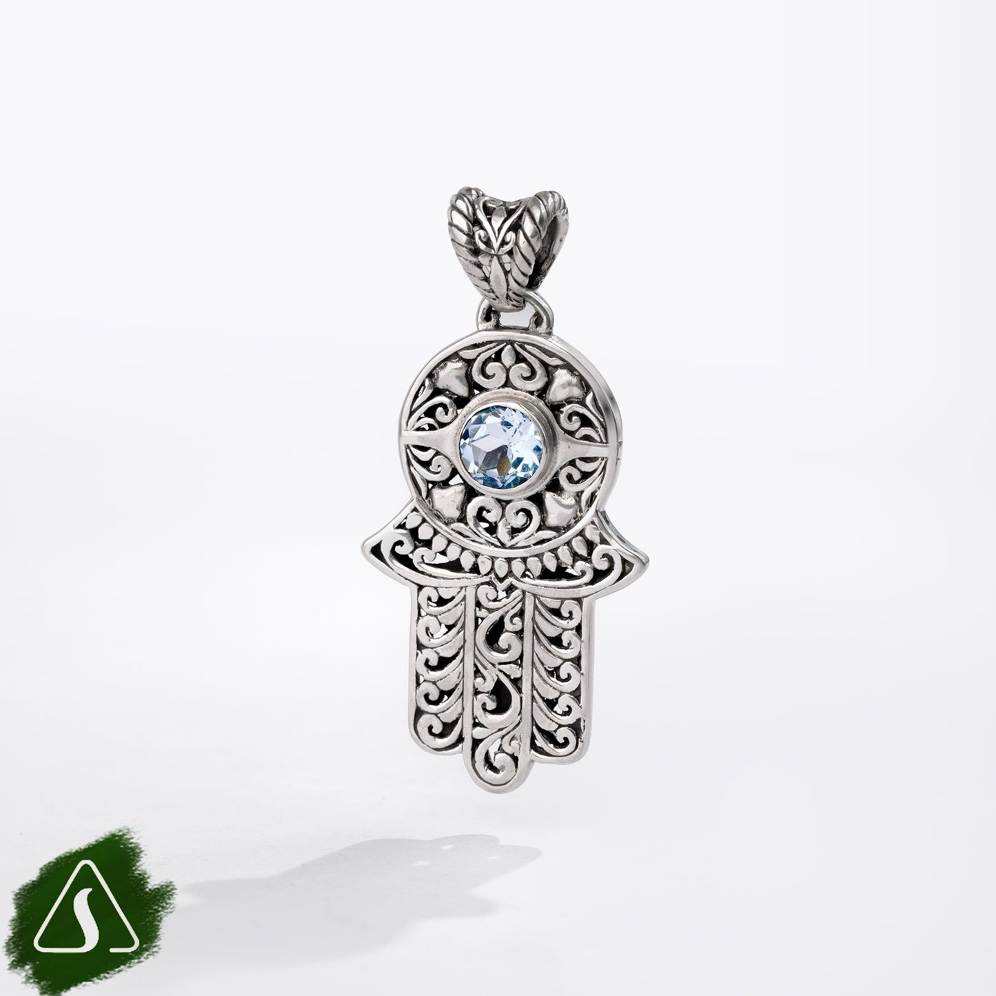 Sterling Silver Hamsa Hand Pendant with Blue Topaz Gemstone and Intricate Filigree Design