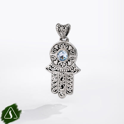 Sterling Silver Hamsa Hand Pendant with Blue Topaz Gemstone and Intricate Filigree Design