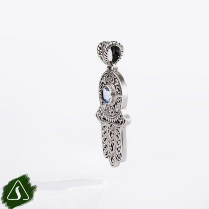 Sterling Silver Hamsa Hand Pendant with Blue Topaz Gemstone and Intricate Filigree Design