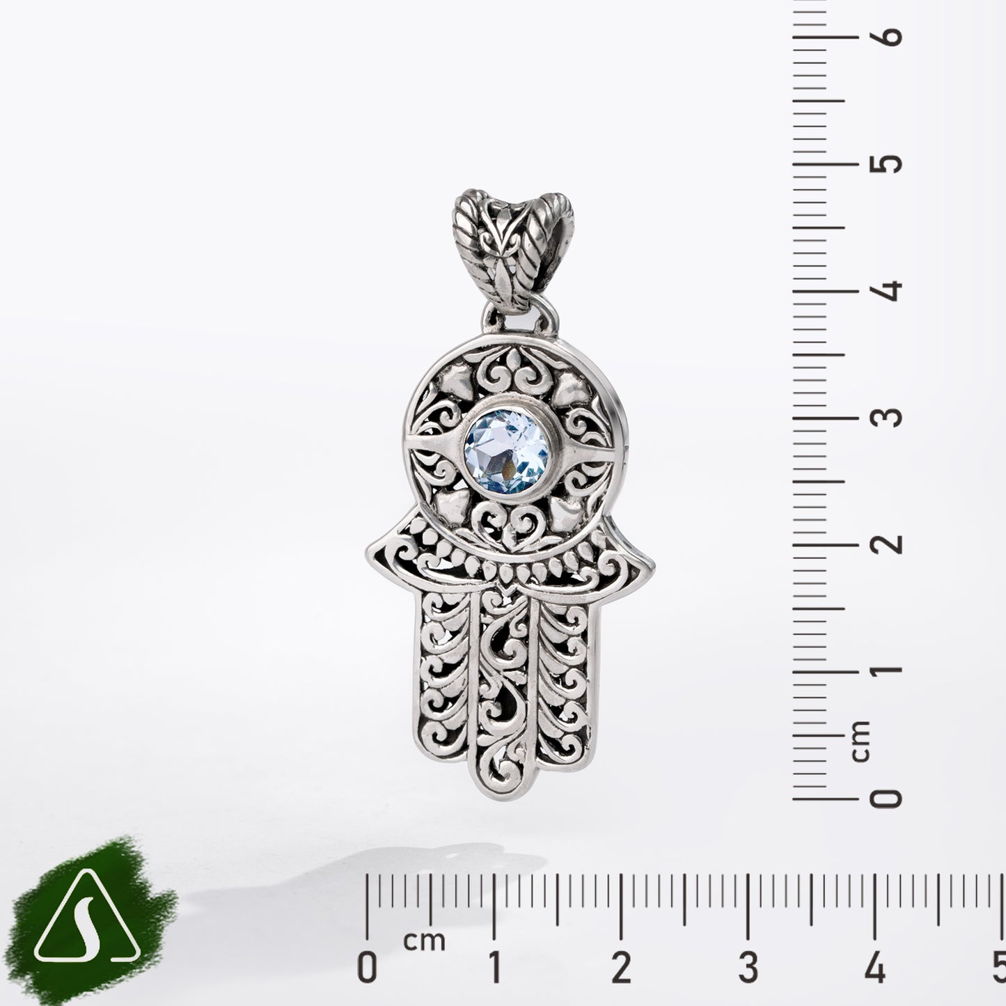 Sterling Silver Hamsa Hand Pendant with Blue Topaz Gemstone and Intricate Filigree Design