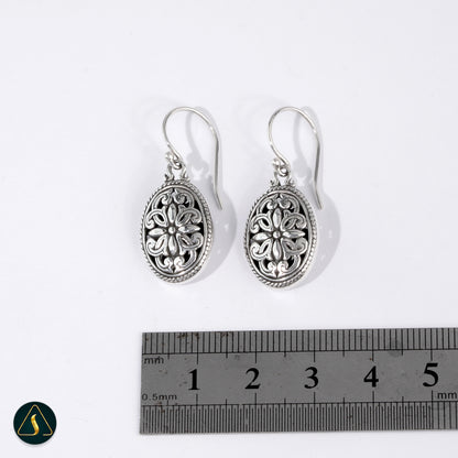 Handmade Balinese Floral Filigree Earrings – 925 Sterling Silver Oval Dangle Earrings