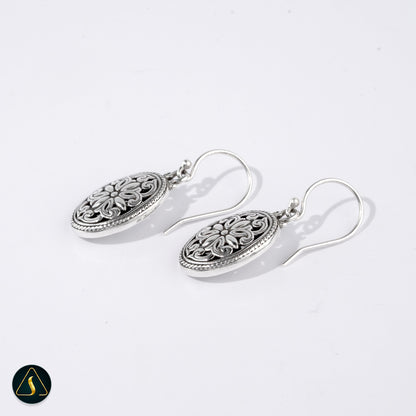 Handmade Balinese Floral Filigree Earrings – 925 Sterling Silver Oval Dangle Earrings
