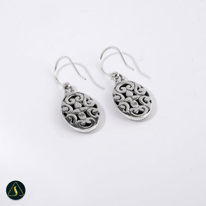 Handmade Balinese Floral Filigree Earrings – 925 Sterling Silver Oval Dangle Earrings