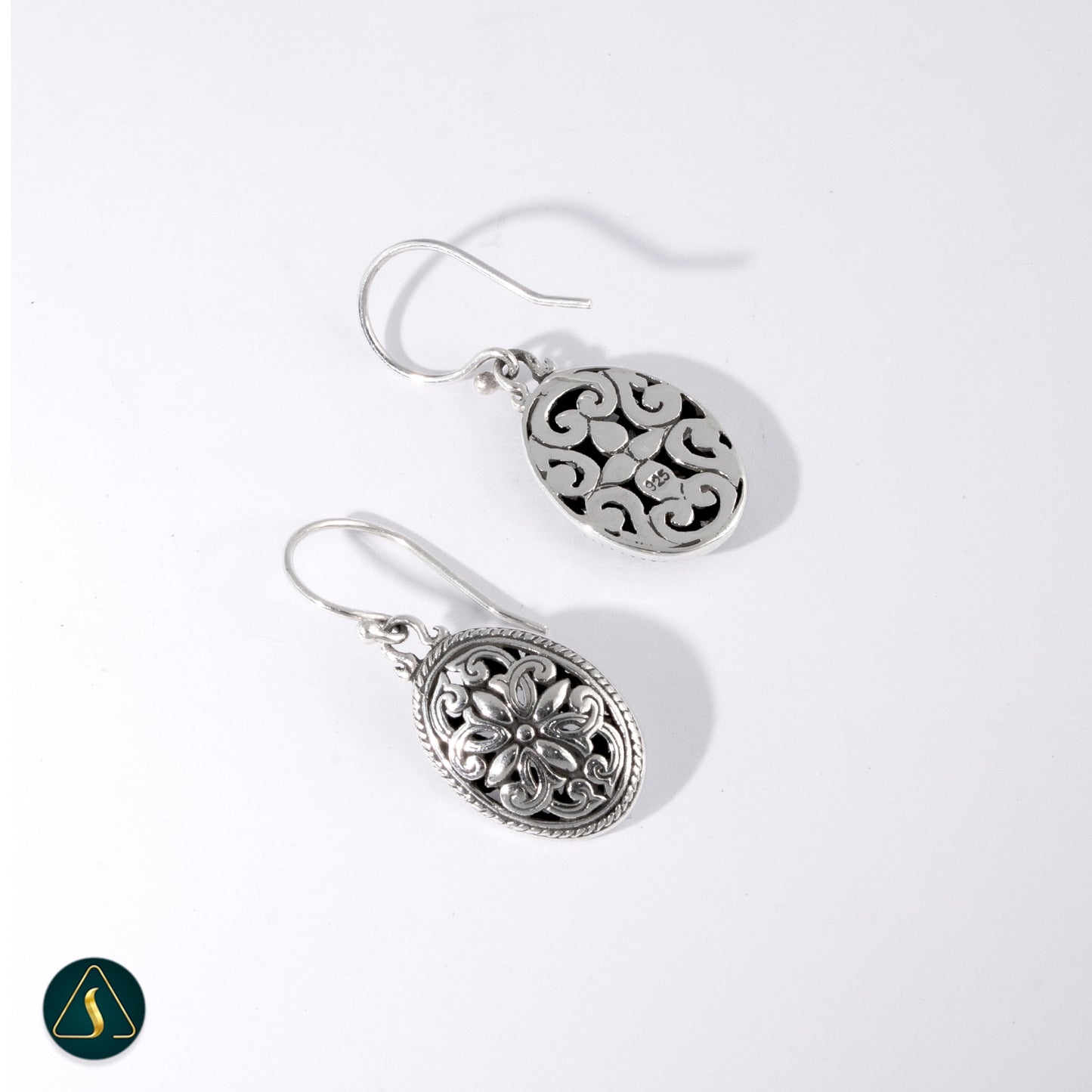 Handmade Balinese Floral Filigree Earrings – 925 Sterling Silver Oval Dangle Earrings