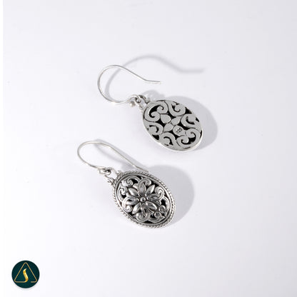 Handmade Balinese Floral Filigree Earrings – 925 Sterling Silver Oval Dangle Earrings