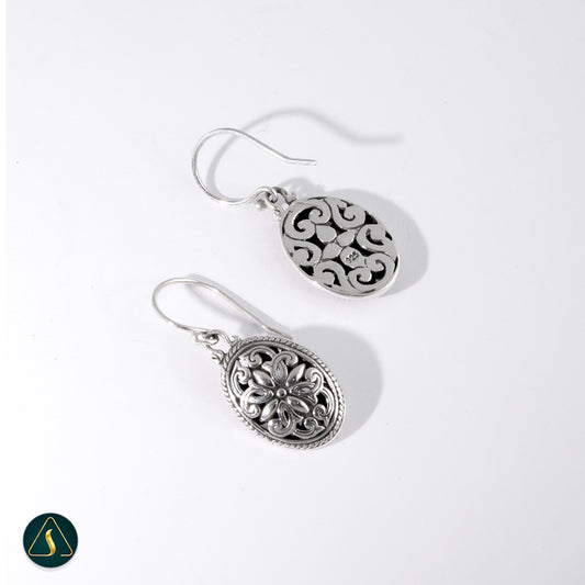Handmade Balinese Floral Filigree Earrings – 925 Sterling Silver Oval Dangle Earrings