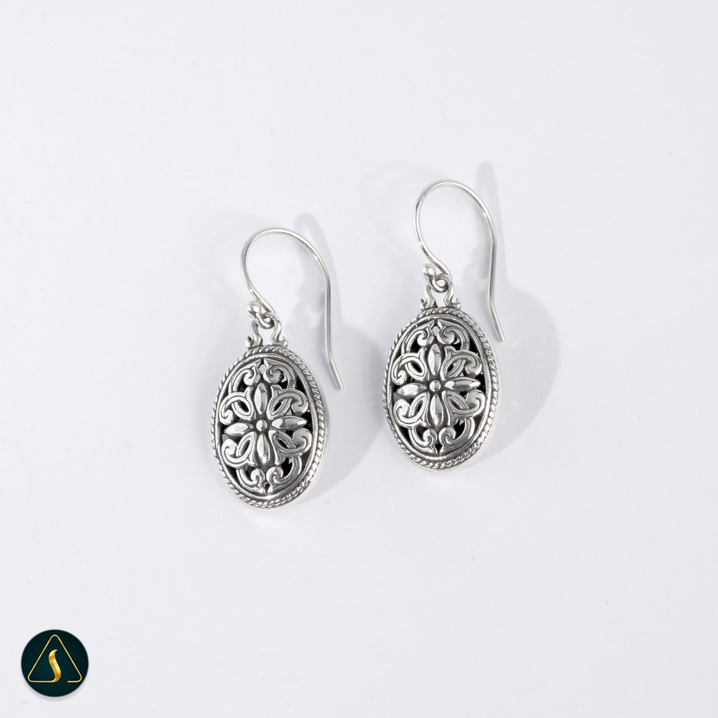 Handmade Balinese Floral Filigree Earrings – 925 Sterling Silver Oval Dangle Earrings