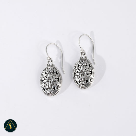 Handmade Balinese Floral Filigree Earrings – 925 Sterling Silver Oval Dangle Earrings