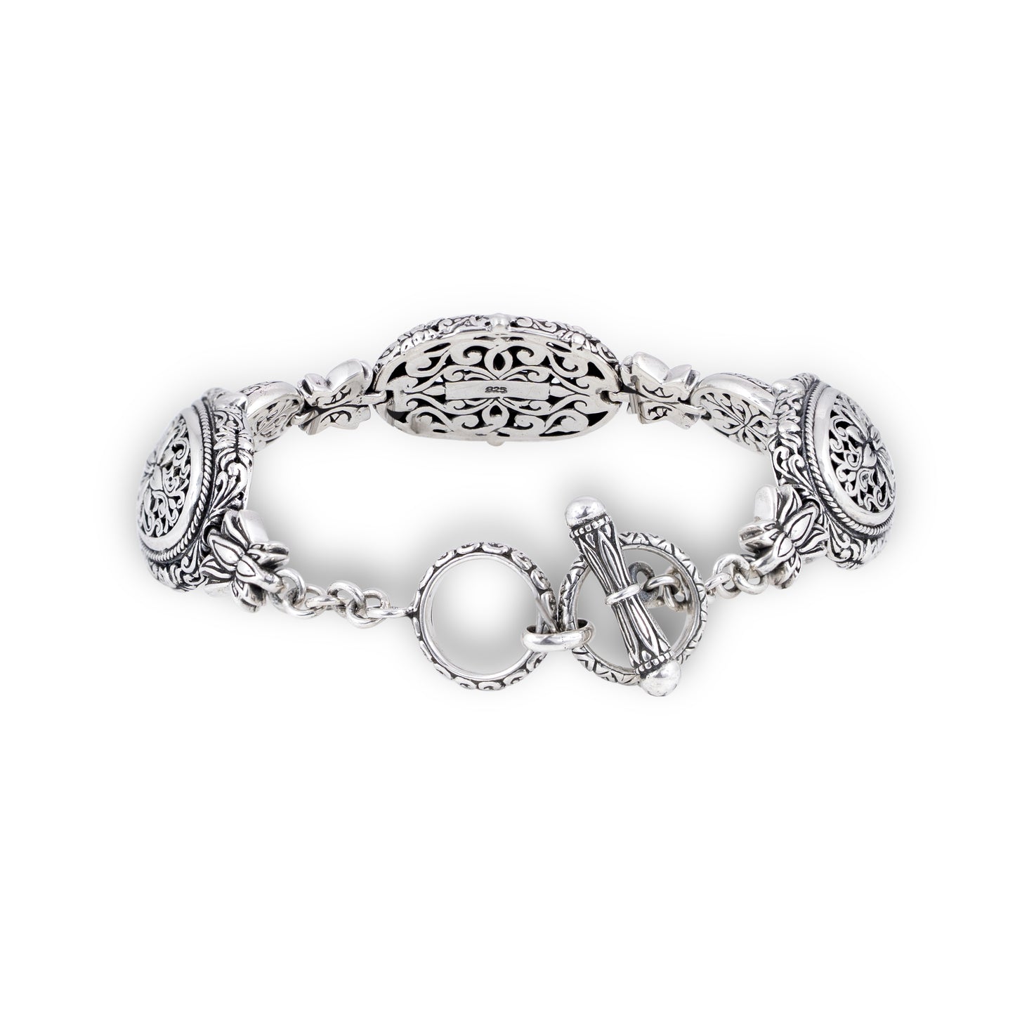 Silver Floral Engraved Bracelet with Three Oval Ornamental Panels, Scrollwork & Toggle Clasp