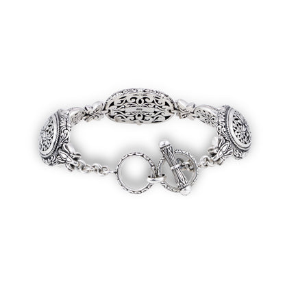 Silver Floral Engraved Bracelet with Three Oval Ornamental Panels, Scrollwork & Toggle Clasp
