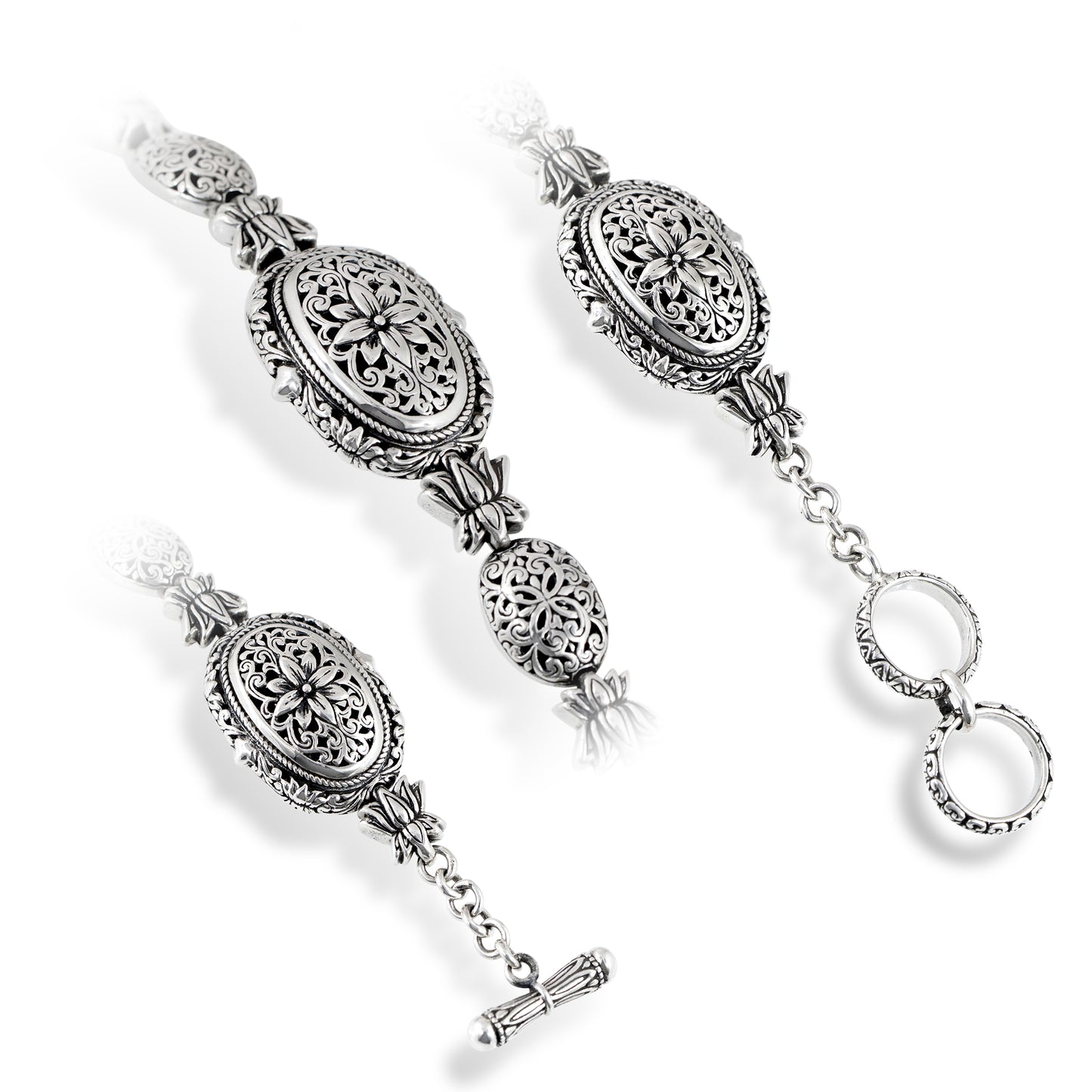 Silver Floral Engraved Bracelet with Three Oval Ornamental Panels, Scrollwork & Toggle Clasp