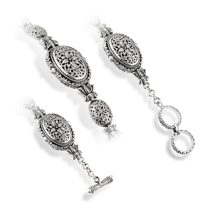 Silver Floral Engraved Bracelet with Three Oval Ornamental Panels, Scrollwork & Toggle Clasp