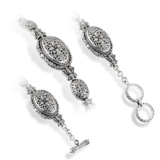 Silver Floral Engraved Bracelet with Three Oval Ornamental Panels, Scrollwork & Toggle Clasp