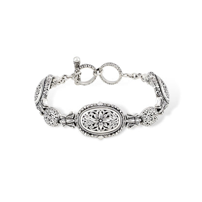 Silver Floral Engraved Bracelet with Three Oval Ornamental Panels, Scrollwork & Toggle Clasp