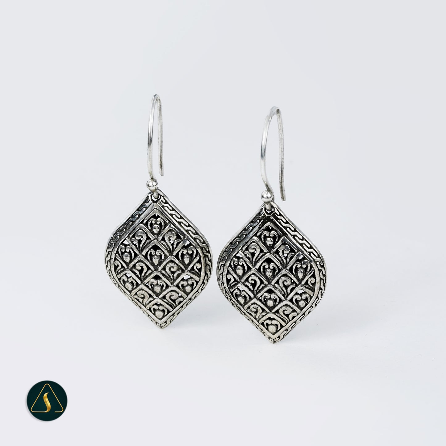 Silver Filigree Dangle Earrings, Diamond Shape Bali Jewelry