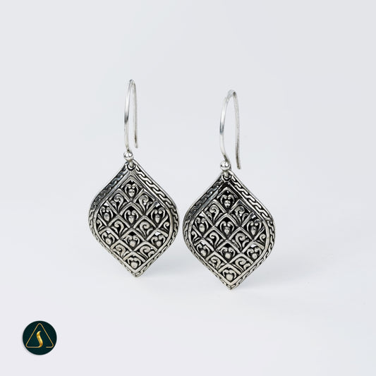 Silver Filigree Dangle Earrings, Diamond Shape Bali Jewelry
