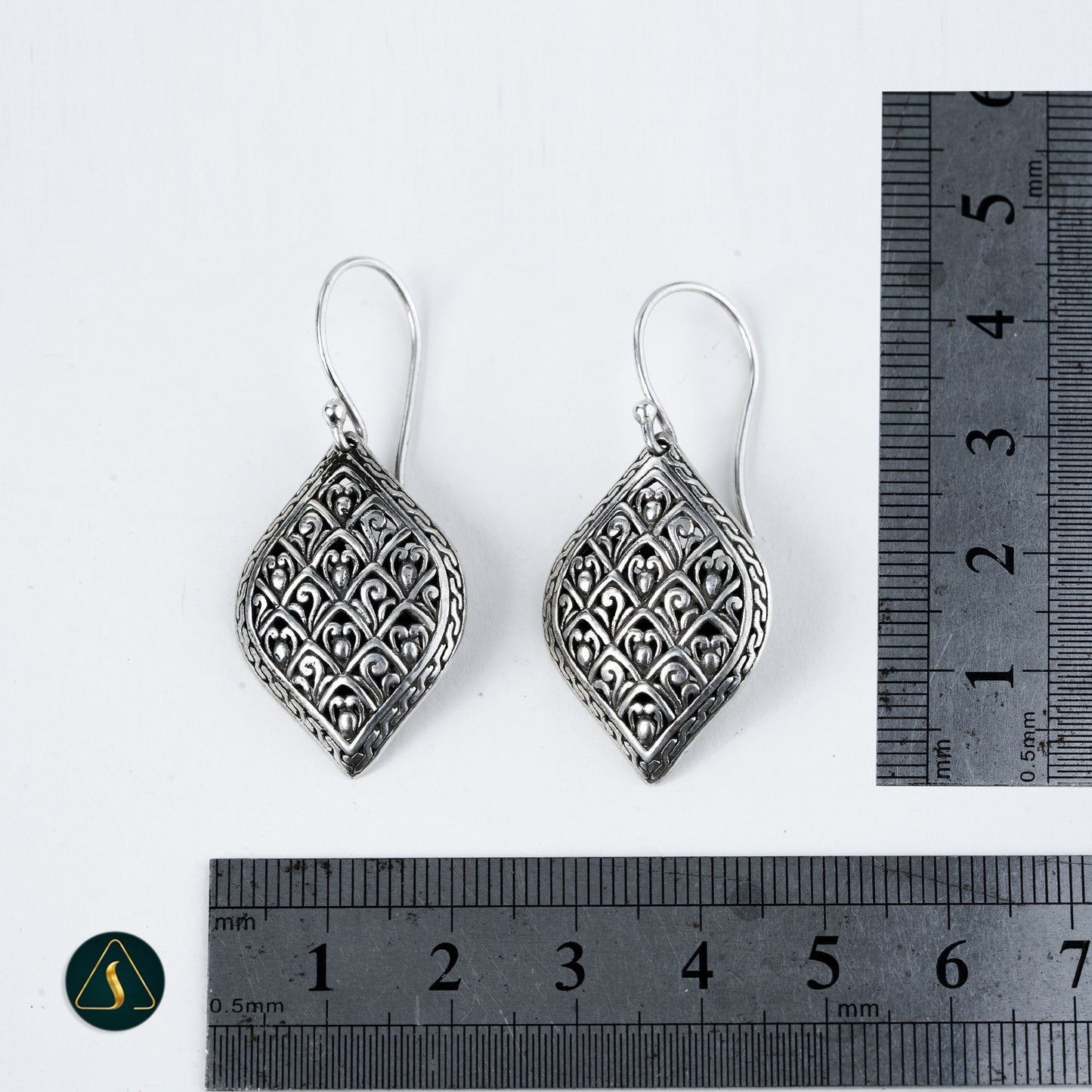 Silver Filigree Dangle Earrings, Diamond Shape Bali Jewelry