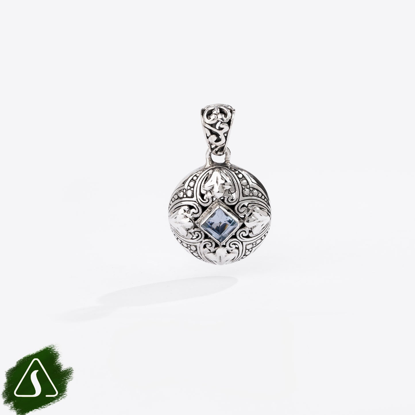 Sterling Silver Round Pendant with Princess-Cut Blue Topaz and Ornate Filigree Design