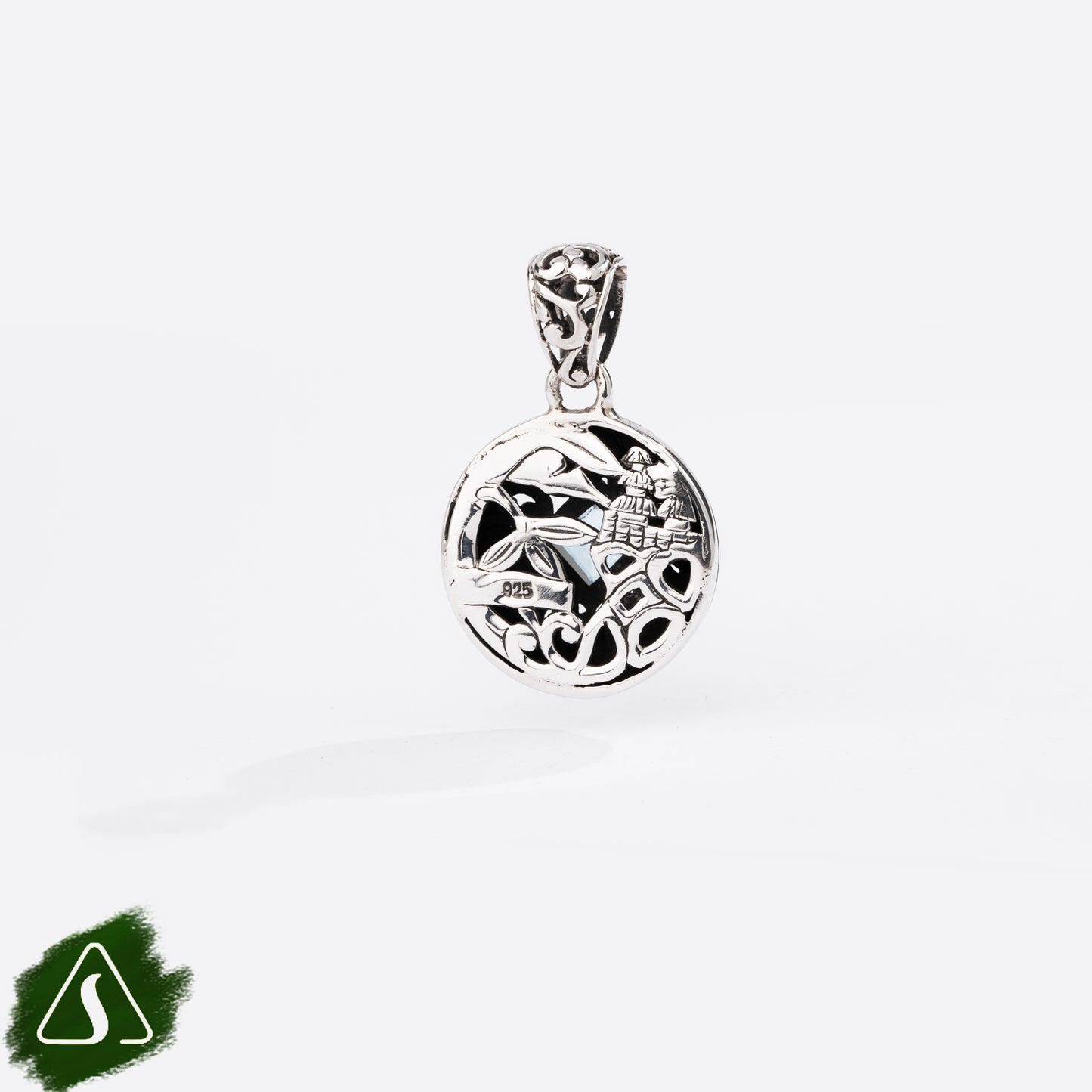 Sterling Silver Round Pendant with Princess-Cut Blue Topaz and Ornate Filigree Design