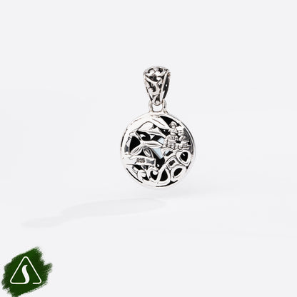 Sterling Silver Round Pendant with Princess-Cut Blue Topaz and Ornate Filigree Design