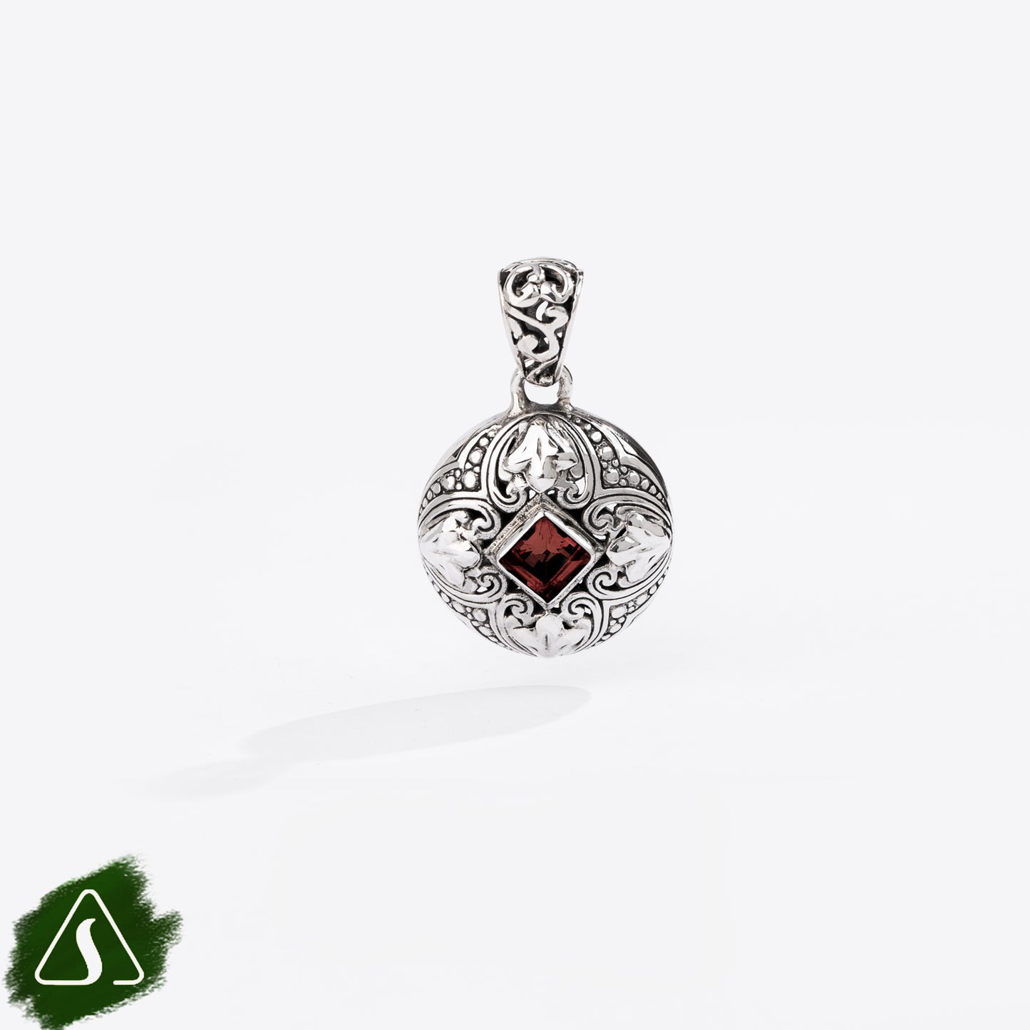 Sterling Silver Round Pendant with Princess-Cut Garnet and Ornate Filigree Design