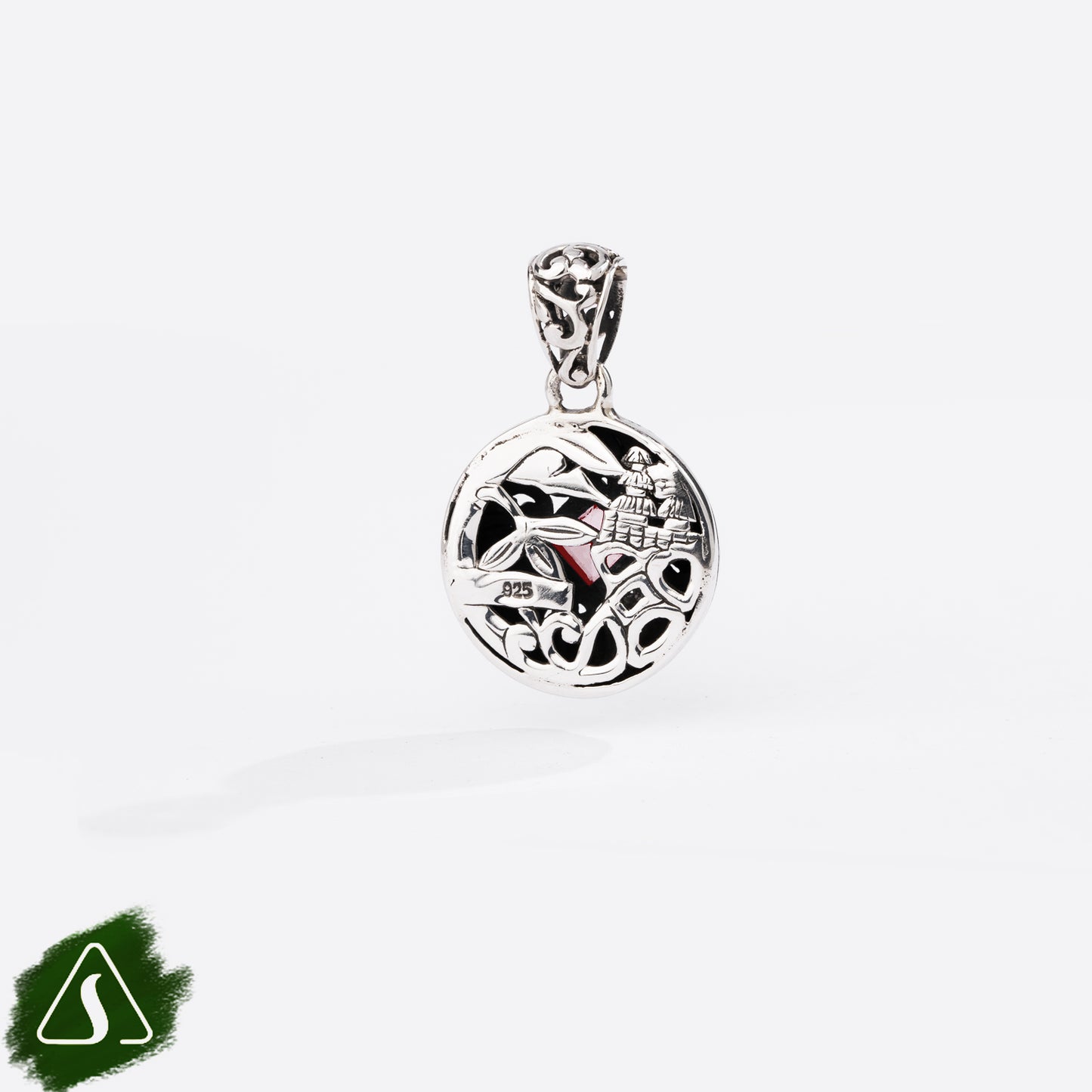 Sterling Silver Round Pendant with Princess-Cut Garnet and Ornate Filigree Design