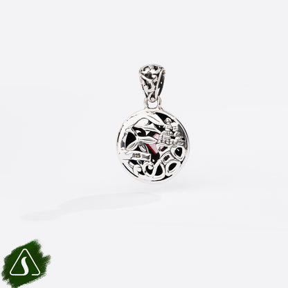 Sterling Silver Round Pendant with Princess-Cut Garnet and Ornate Filigree Design