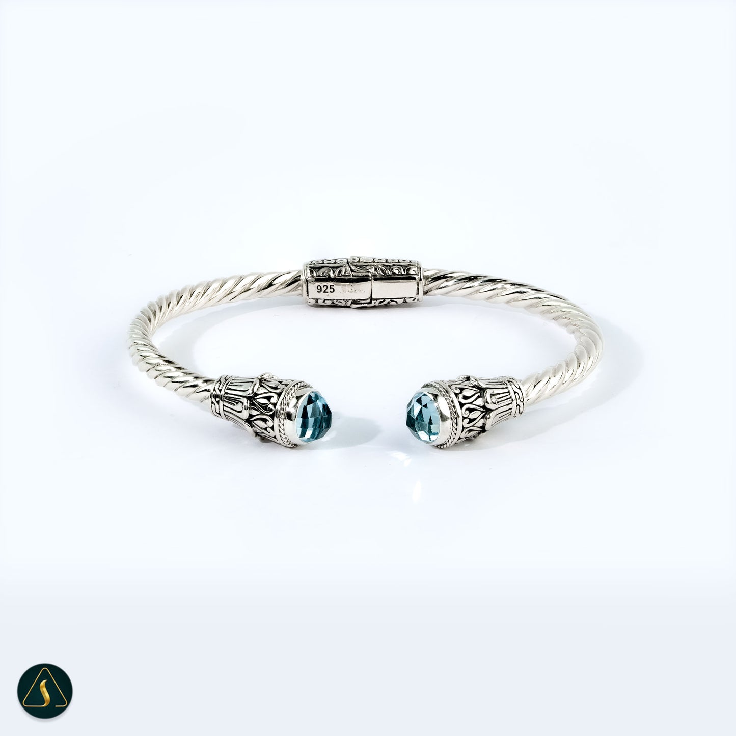Sterling Silver 925 Twisted Cable Cuff Bracelet with Blue Topaz & Floral Detail