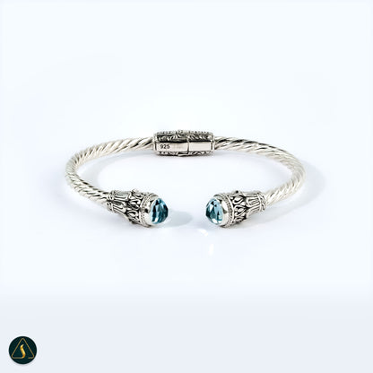 Sterling Silver 925 Twisted Cable Cuff Bracelet with Blue Topaz & Floral Detail