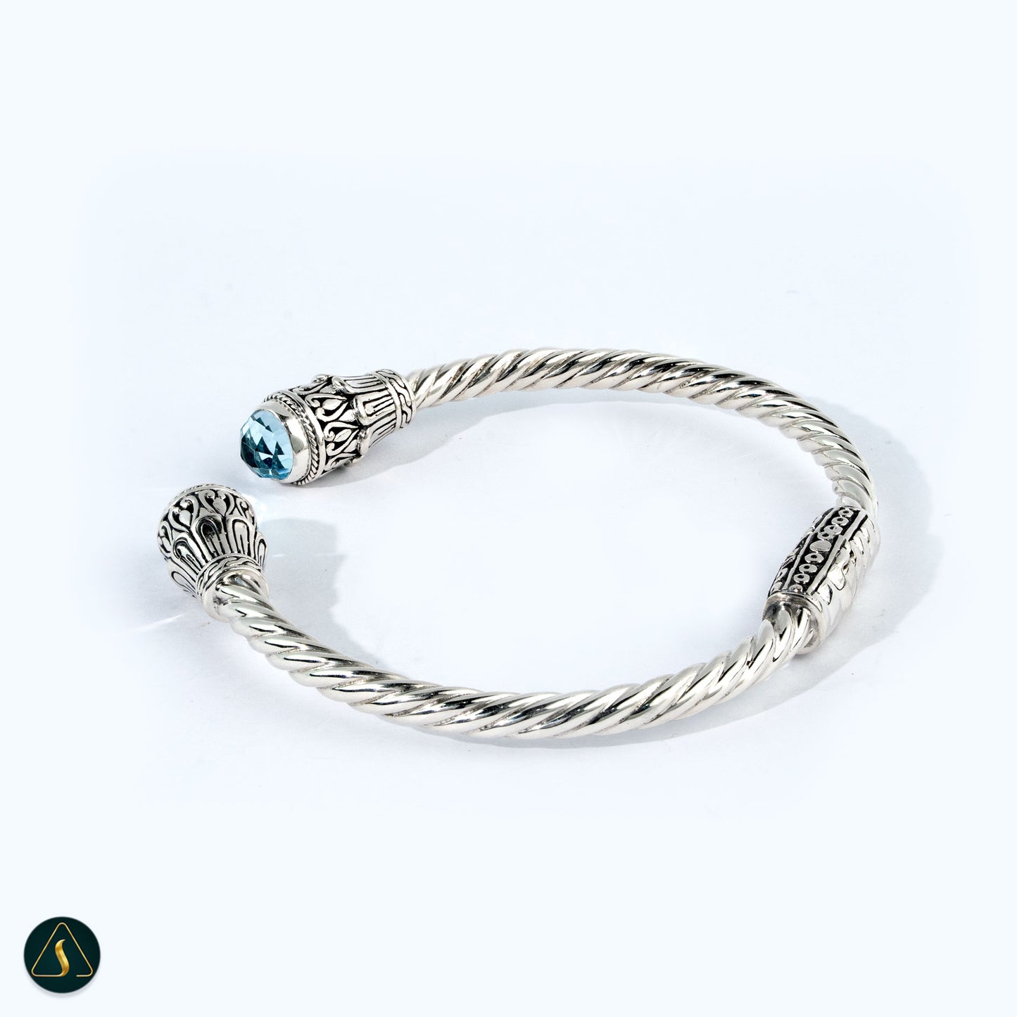 Sterling Silver 925 Twisted Cable Cuff Bracelet with Blue Topaz & Floral Detail