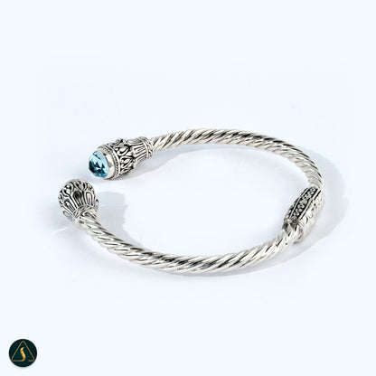 Sterling Silver 925 Twisted Cable Cuff Bracelet with Blue Topaz & Floral Detail