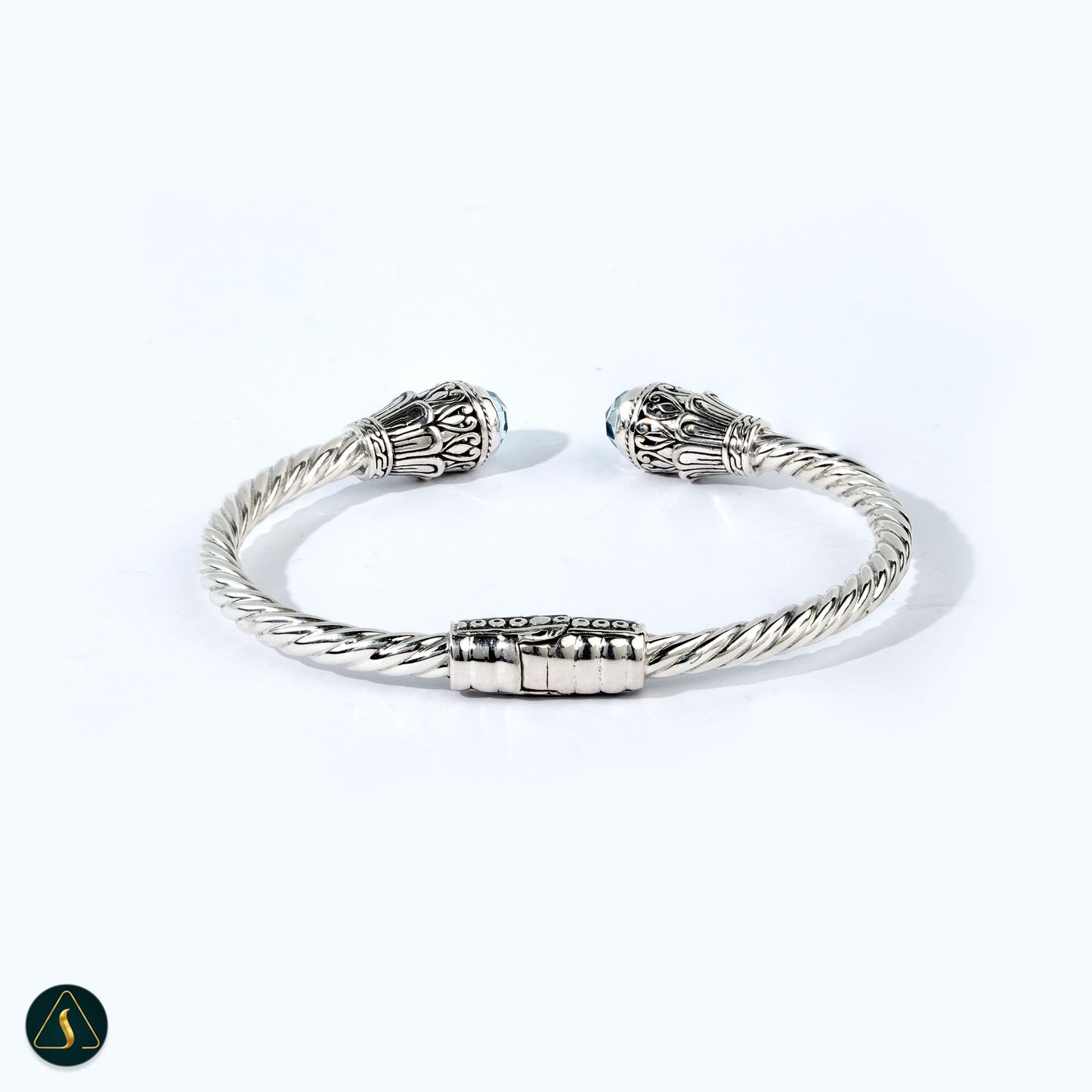 Sterling Silver 925 Twisted Cable Cuff Bracelet with Blue Topaz & Floral Detail