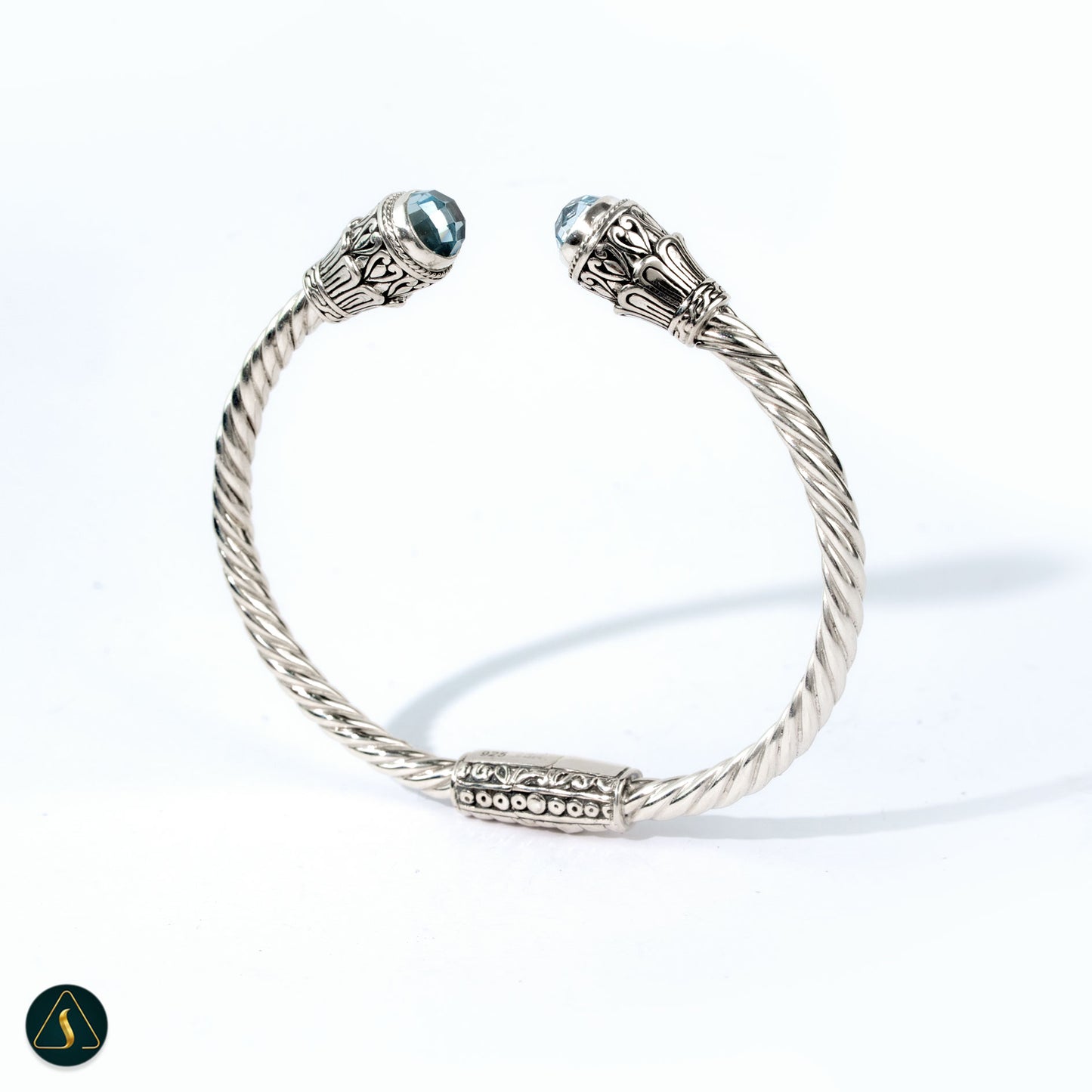 Sterling Silver 925 Twisted Cable Cuff Bracelet with Blue Topaz & Floral Detail