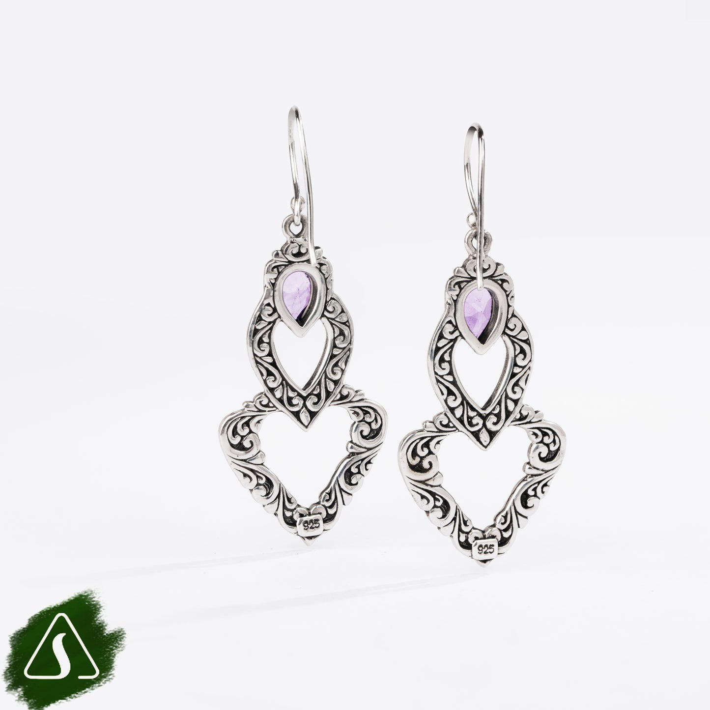 Sterling Silver Drop Earrings with Pear-Shaped Pink Gemstones and Openwork Filigree Design
